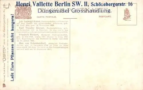 Künstler Ak Schriftsteller Joh. Ludwig Uhland, Theodor Körner, Friedrich Rückert, v. Schenkendorf