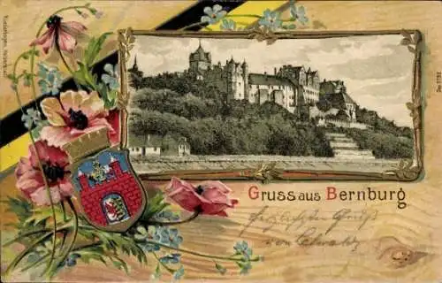 Präge Wappen Litho Bernburg an der Saale, Schloss, Blumen, Vergissmeinnicht