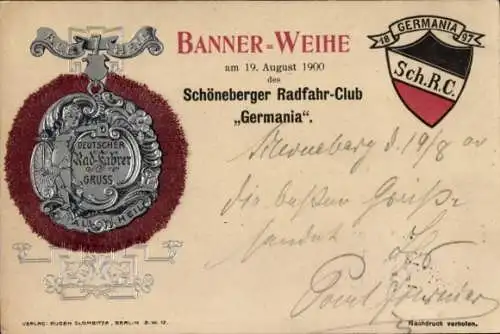 Präge Ak Berlin Schöneberg, Schöneberger Radfahr-Club Germania, Bannerweihe 19. August 1900
