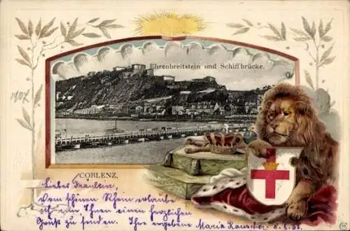 Präge Wappen Passepartout Ak Koblenz am Rhein, Ehrenbreitstein, Schiffbrücke, Löwe