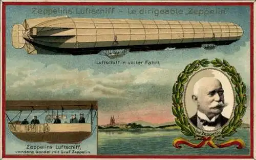 Präge Litho Zeppelins Luftschiff über dem Bodensee, Graf Zeppelin, vordere Gondel
