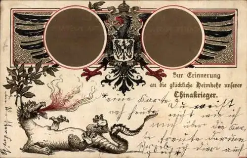 Präge Wappen Litho Glückliche Heimkehr der deutschen Chinakrieger, Drache