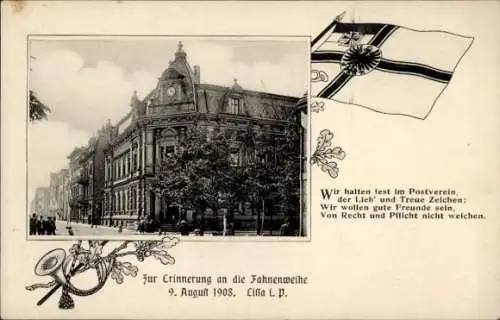 Ak Lissa Leszno Poznań Posen, Postgebäude, Postverein, Fahnenweihe 9. August 1908