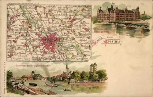 Landkarten Litho Wrocław Breslau Schlesien, Kgl. Regierung, Lessingbrücke, Dominsel v. d. Holteihöhe
