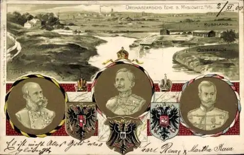 Litho Trübe, Mysłowice Myslowitz, Dreikaiserreichsecke, Nikolaus II, Wilhelm II, Franz Josef I.