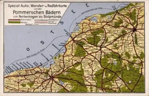 Landkarten Ak Pommersche Bäder von Henkenhagen bis Stolpmünde, Köslin, Rügenwalde, Stolp, Schlawe