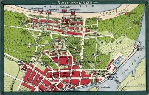 Stadtplan Ak Świnoujście Swinemünde Pommern, Strand, Kurhaus, Kaiser Friedrich Bad, Plantage