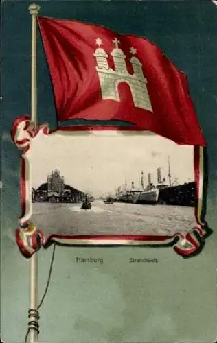 Passepartout Ak Hamburg, Hafen am Strandhöft, Dampfschiff, Schlepper, Fahne, Stadtwappen