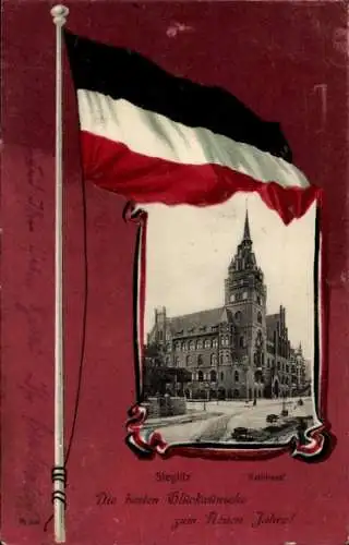 Passepartout Ak Berlin Steglitz, Rathaus, Flagge, Fröhliches Neujahr