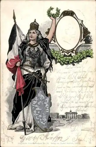 Präge Litho Germania mit Flagge und Schild, Berlin, Brandenburger Tor, Kaiser Wilhelm II.