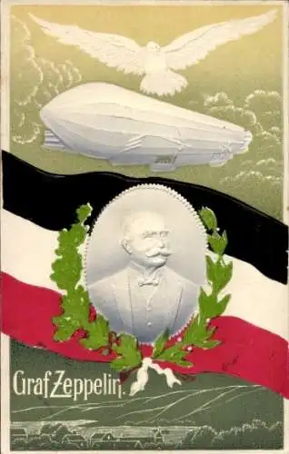 Präge Ak Zeppelin Luftschiff, Graf Zeppelin Portrait, Flagge Eichenlaub