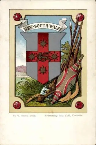 Wappen Litho New South Wales Australien, Schild, Speere