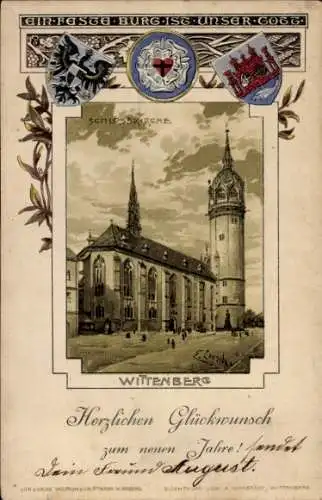 Präge Wappen Künstler Litho Loesch, E., Lutherstadt Wittenberg, Schlosskirche, Fröhliches Neujahr
