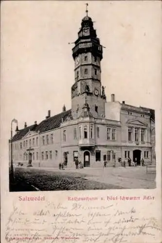 Präge Ak Salzwedel in der Altmark, Rathausturm, Hotel Schwarzer Adler