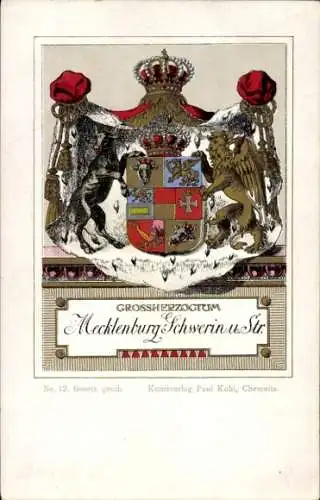Wappen Litho Großherzogtum Mecklenburg Schwerin und Strelitz