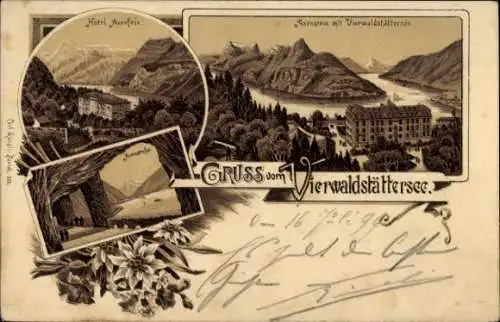 Litho Vierwaldstättersee Kanton Uri, Gesamtansicht, Hotel Axenfels