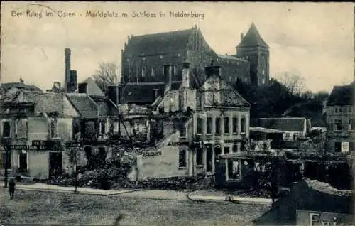 Ak Nidzica Neidenburg Ostpreußen, Marktplatz, Schloss, Zerstörungen