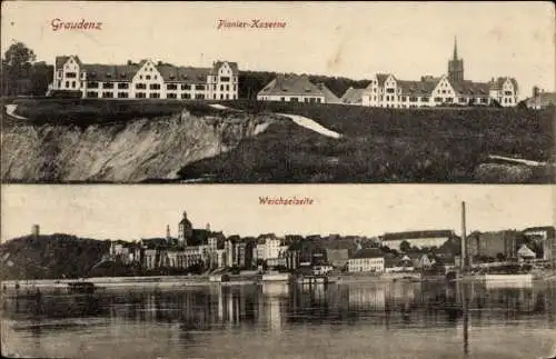 Ak Grudziądz Graudenz Westpreußen, Pionier-Kaserne, Weichsel