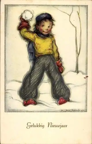 Künstler Ak Bleeker, Ryka, Glückwunsch Neujahr, Junge mit einem Schneeball