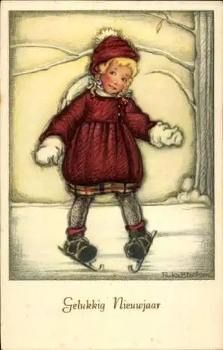 Künstler Ak Bleeker, Ryka, Glückwunsch Neujahr, Mädchen auf Schlittschuhen