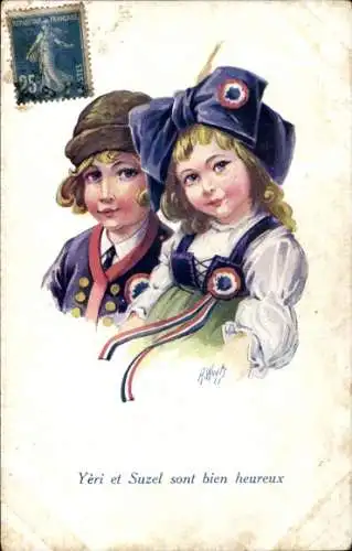 Künstler Ak Wuyts, Kinder in Elsässer Trachten