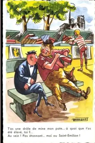 Künstler Ak Maequo, Paris, Männer auf einer Bank, Landstreicher, Buchhändler