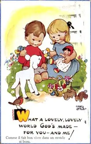 Künstler Ak Attwell, Mabel Lucy, Kinder mit Puppe und Lamm, Hasen