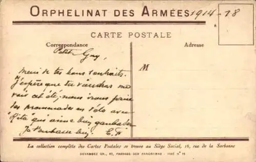 Künstler Ak Orphelinat des Armees, Kinder läuten an einer Haustür, französische Fahnen