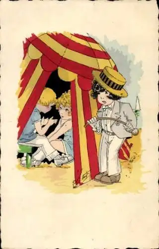 Künstler Ak Kinder unterhalten sich in einem Zelt am Strand