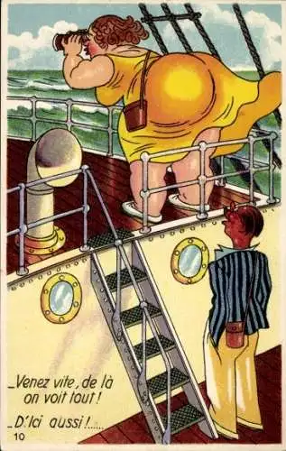 Künstler Ak Mann schaut dicker Frau auf einem Dampfer unter den Rock