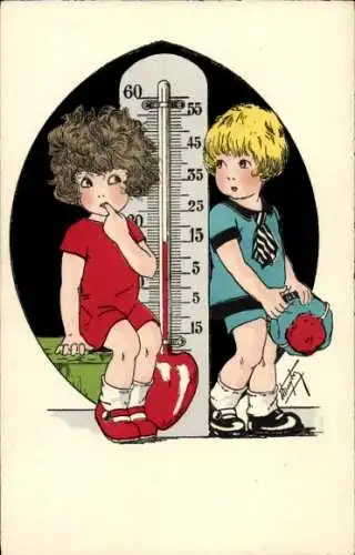 Künstler Ak Zwei Kinder neben einem Thermometer
