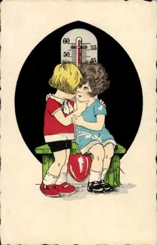 Künstler Ak Zwei Kinder neben einem Thermometer