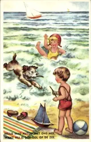 Künstler Ak Junge und Mädchen mit Hund am Strand, Modellboot