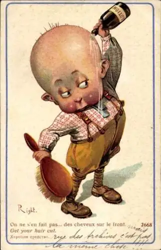 Künstler Ak Right, Junge mit Glatze kippt sich Haarwachmittel auf den Kopf