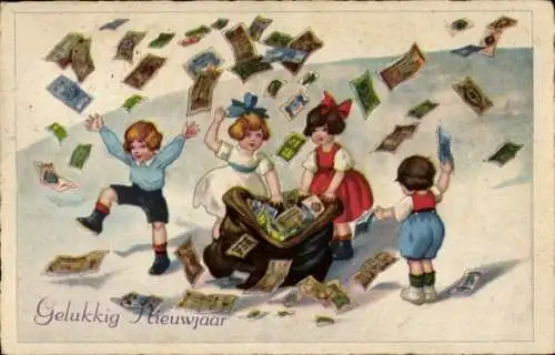 Ak Glückwunsch Neujahr, Kinder mit einem Sack voller Geldscheine