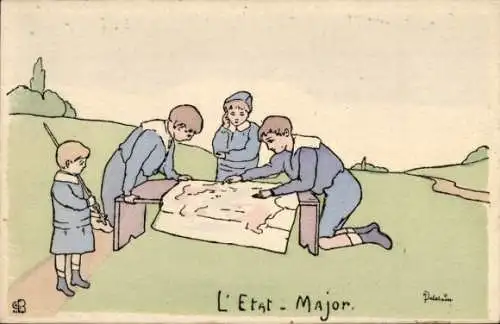 Künstler Ak Propaganda Frankreich, Kinder spielen Krieg, Landkarte