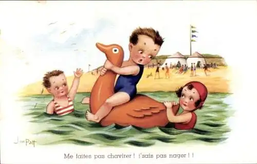 Künstler Ak Patt, Jim, Junge auf einer Schwimmente im Wasser