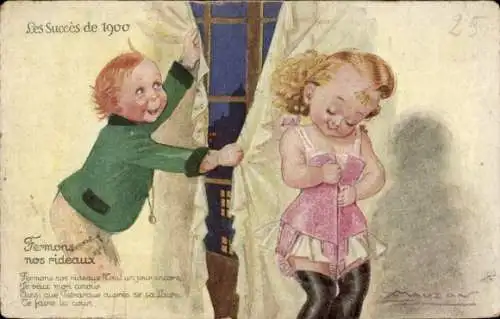 Künstler Ak Mauzan, Mädchen zeiht sich aus, Korsett, Unterwäsche, Junge schließt die Vorhänge