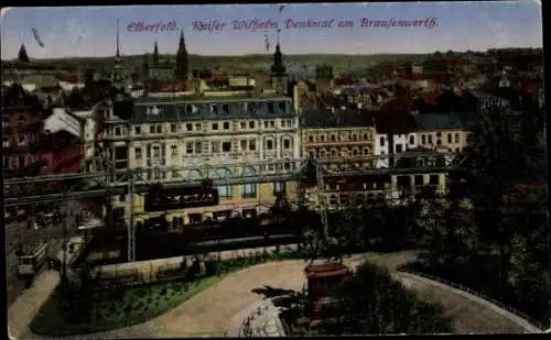 Ak Elberfeld Wuppertal, Kaiser Wilhelm Denkmal am Brausenwerth, Schwebebahn