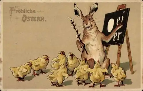 Ak Glückwunsch Ostern, Hase als Lehrer, Küken, Schultafel