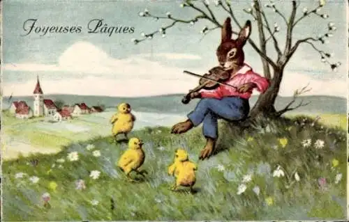 Ak Glückwunsch Ostern, Hase spielt Geige, Tanzende Küken