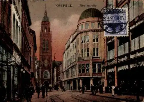 Ak Krefeld am Niederrhein, Rheinstraße, Turm, Geschäft Seidenstoffe Baumwollware