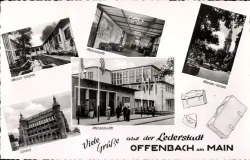 Ak Offenbach am Main Hessen, Messehalle, Eingang u. Inneres, Messecafé, Marienkirche, Schloss