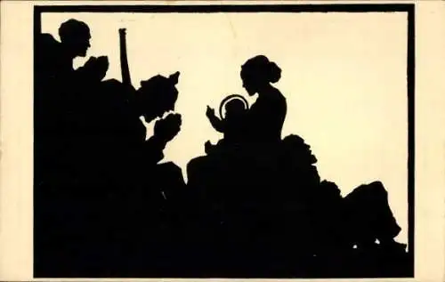 Scherenschnitt Ak Betende Soldaten, Maria mit Jesus, Krieg