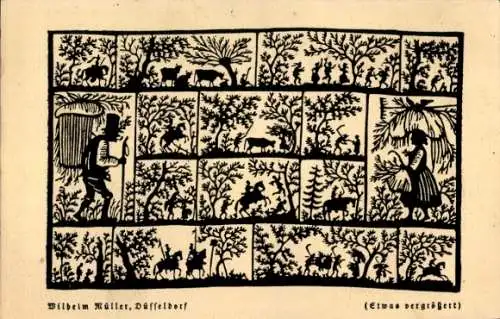 Scherenschnitt Künstler Ak Müller, W., Bauern, Menschen zu Pferde, Kühe, Bäume