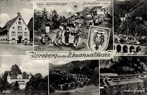 Ak Hornberg im Schwarzwald, Schloss, Viadukt, Freibad