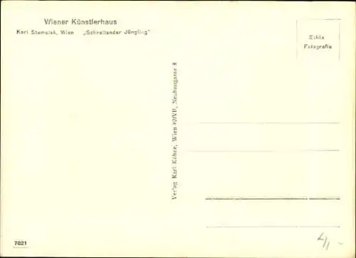 Ak Plastik von Karl Stemolak, Wiener Künstlerhaus, Schreitender Jüngling