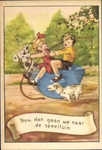 Ak Kinder auf dem Spielplatz, Schaukelpferd, Hund
