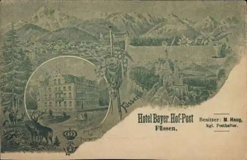 Litho Füssen im Allgäu, Hotel Bayr. Hof - Post, Panorama, Neuschwanstein