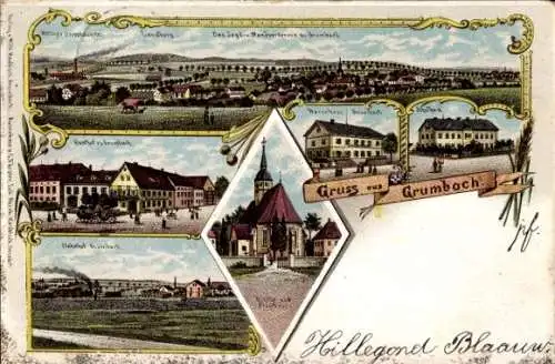 Litho Grumbach Wilsdruff in Sachsen, Wetzigs Dampfziegelei, Gasthof, Bahnhof, Warenhaus, Kirche